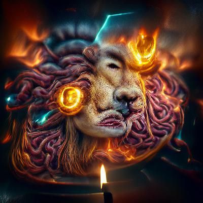 Fiery Lion Medusa Head in Cosmic Astral Style