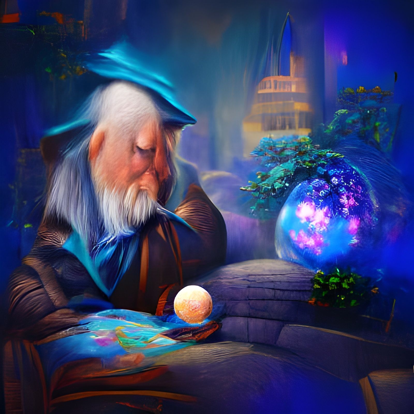 Wizard Pondering Orb in Kinkade Style