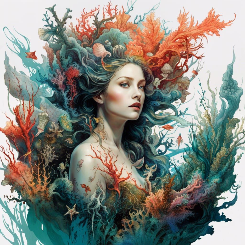 Mermaid Queen with Coral Reef in Inkblot Art