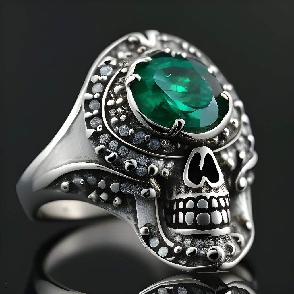 Silver Skull Ring with Emerald Eyes: Detailed Craftsmanship