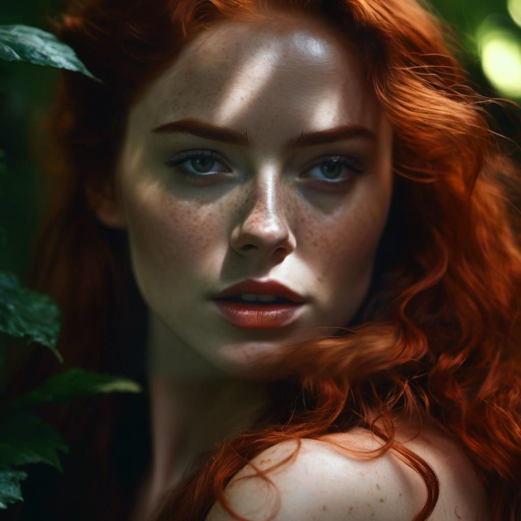 Realistic Portrait of Red-Haired Woman in Forest