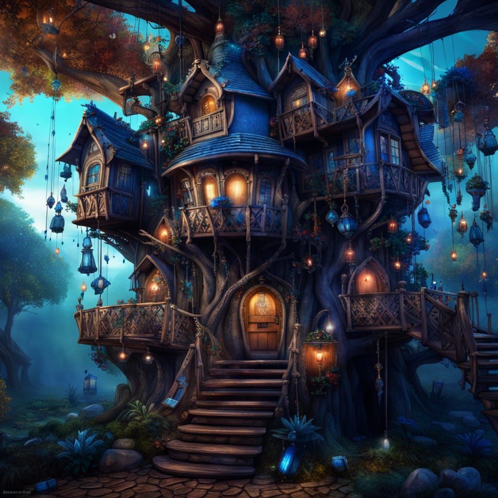 Fantasy Wizard's Treehouse with Blue Leaves