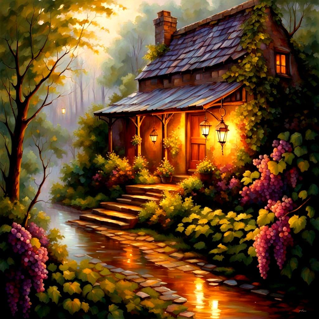 Misty Courtyard Serenity in Atmospheric Oil Painting