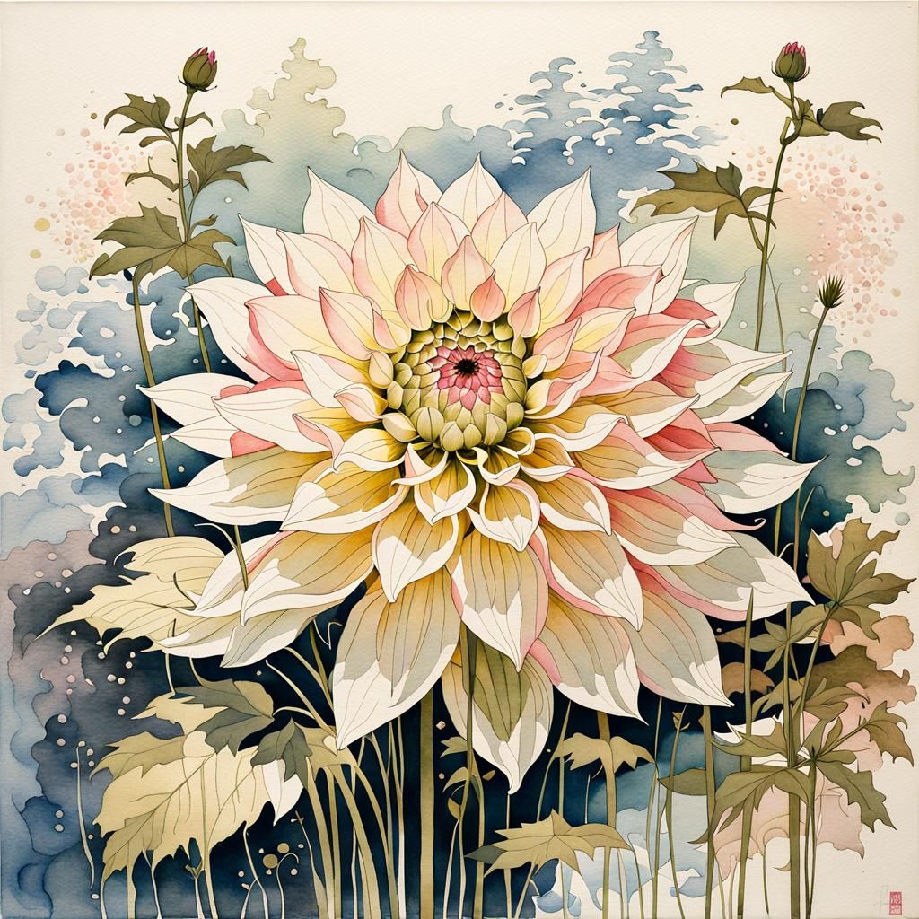 Pink Dahlia in Wet Watercolor Style