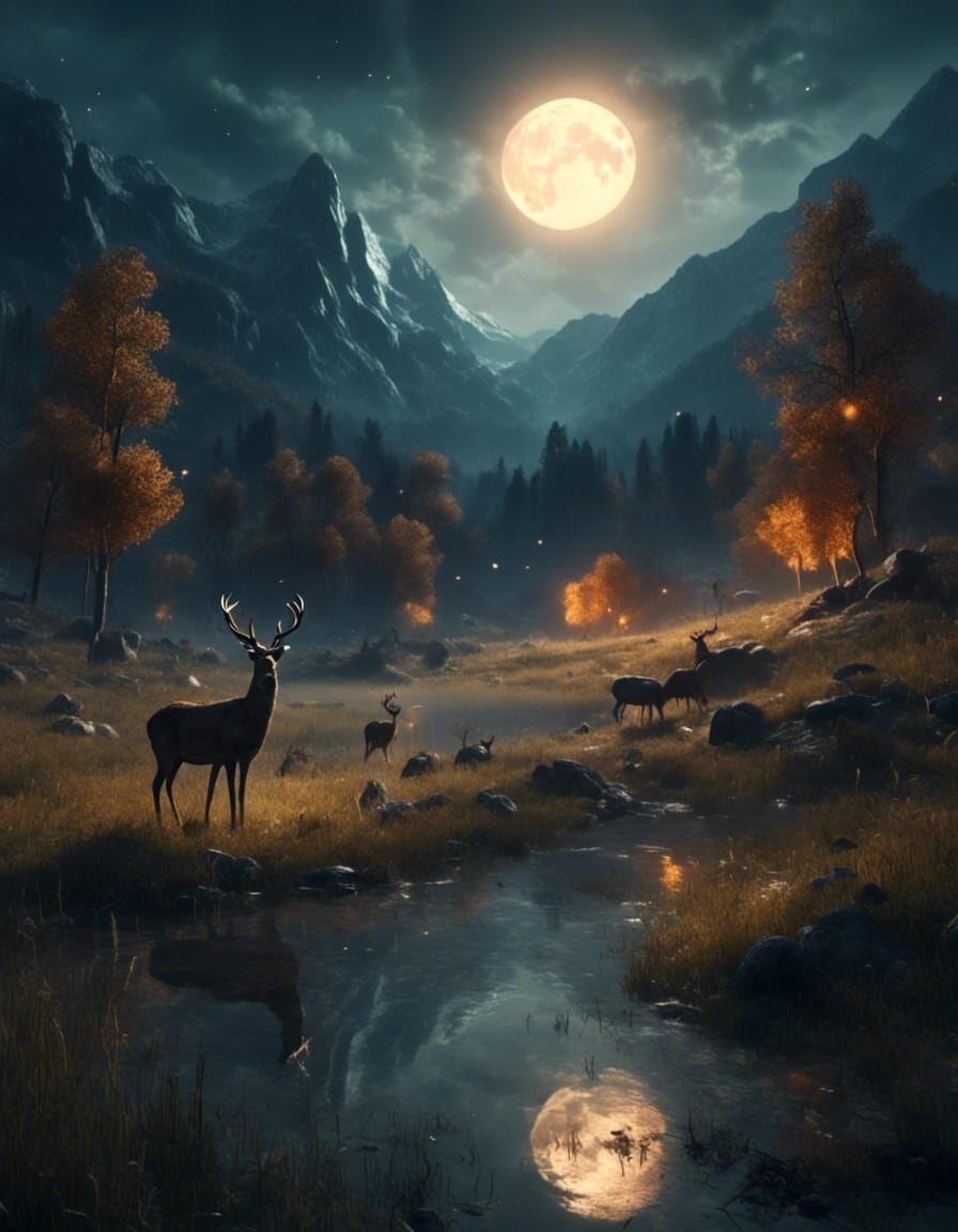 Moonlit Deer at Pond in Mountain Meadow