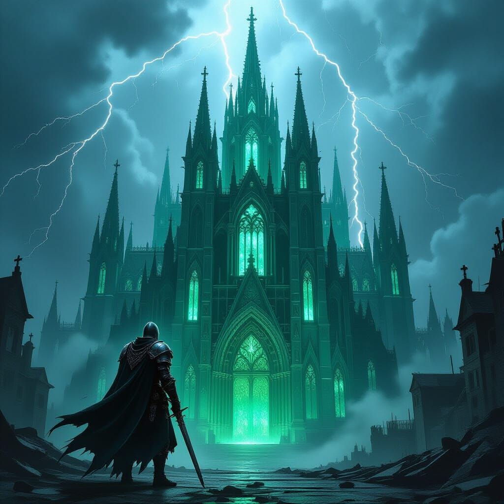 Emerald Gothic Cathedral Under Stormy Skies