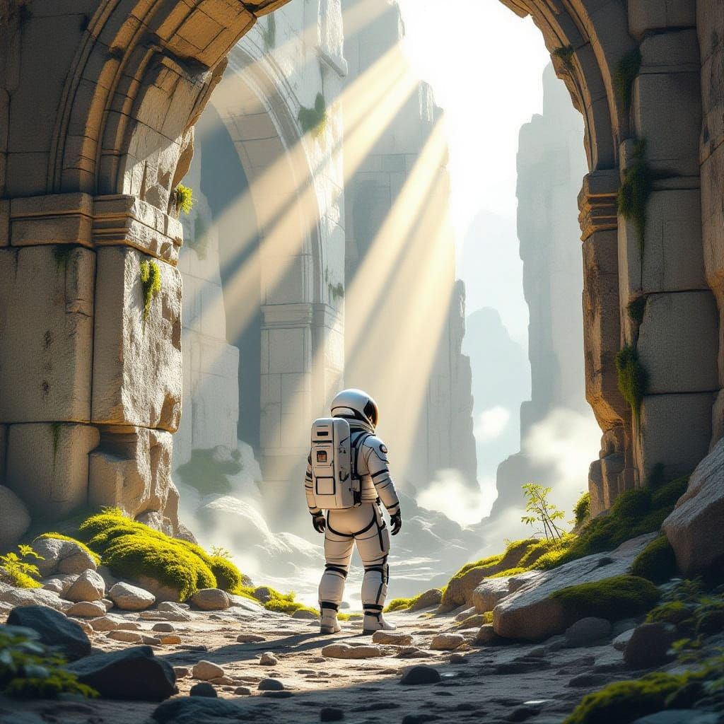Astronaut Explores Alien Ruins in Hyperdetailed Sci-Fi Scene
