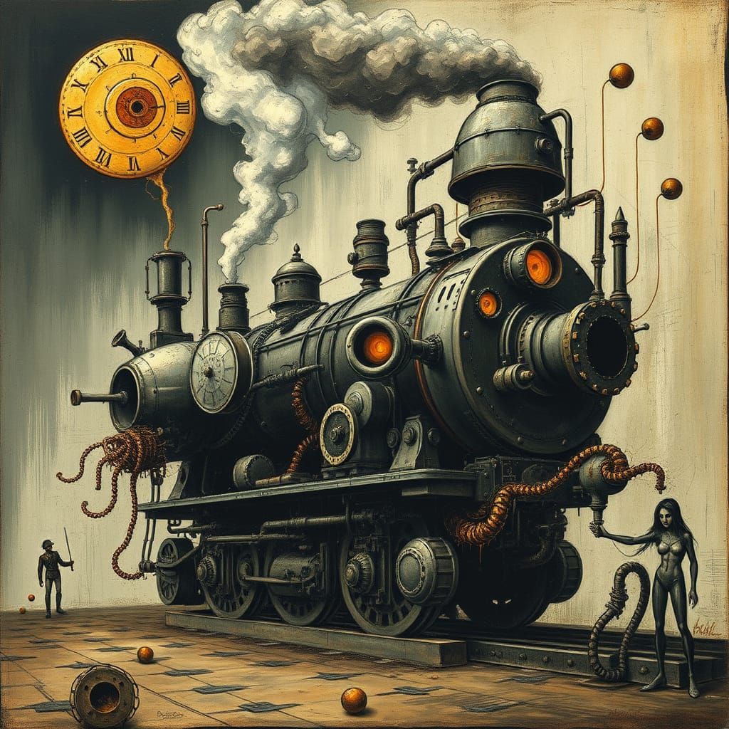 Surreal Steampunk Engine in a Nightmarish Landscape