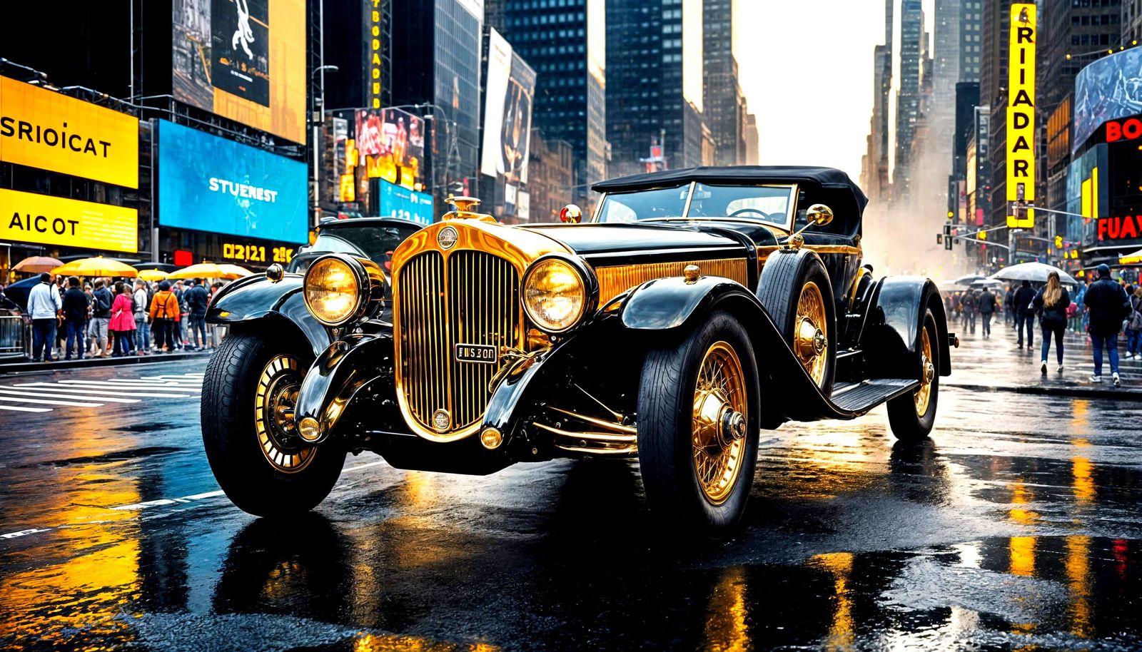 Black and Gold Stutz Bearcat in Rainy Times Square