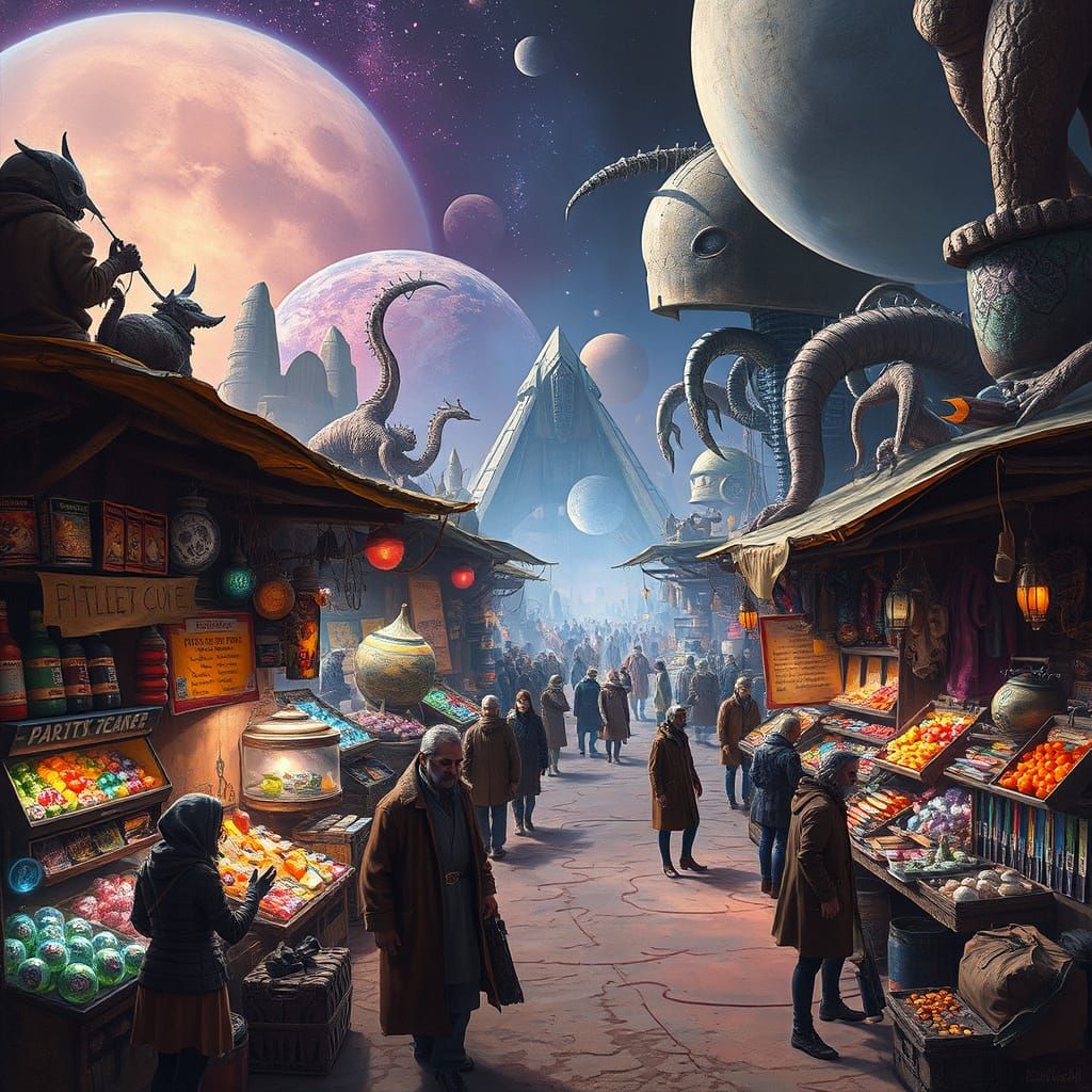 Alien Marketplace with Exotic Goods, Fantasy Realism