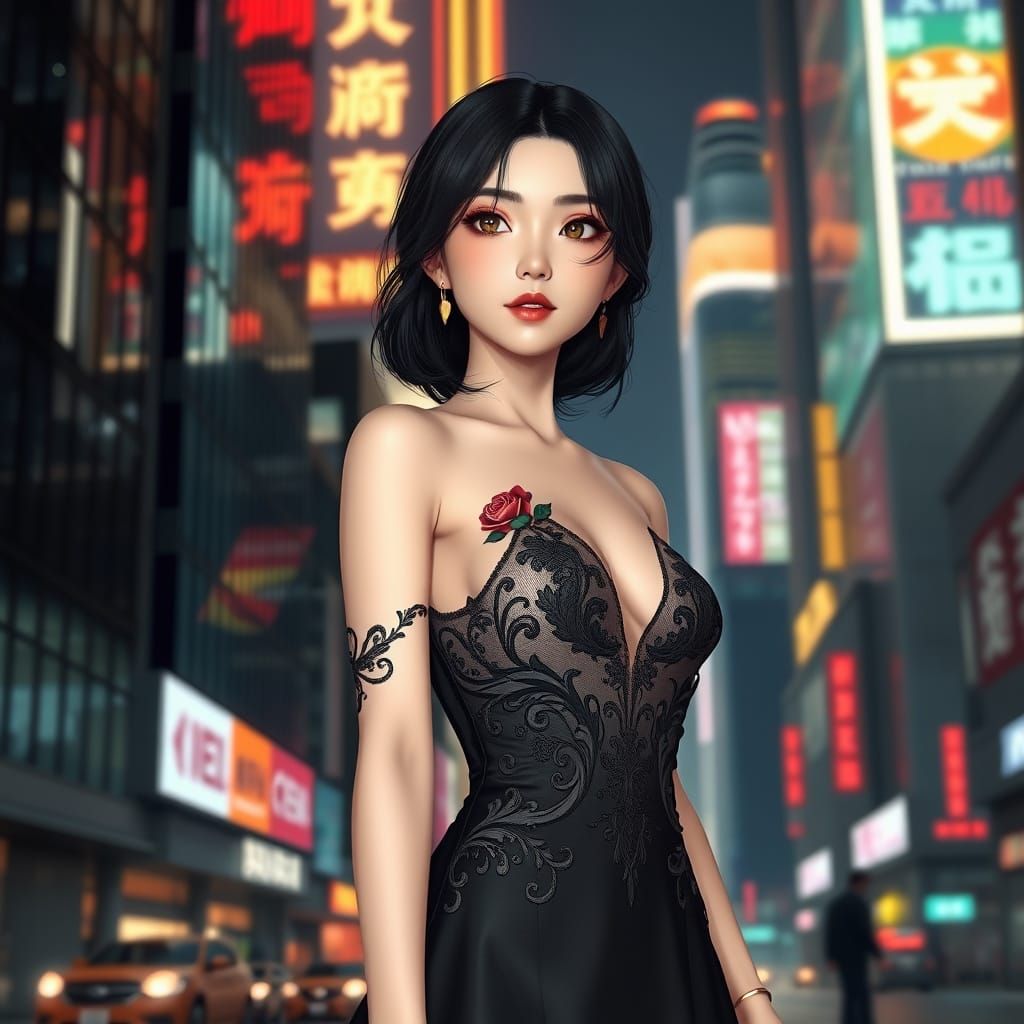 Chinese Woman in City at Night, 3D Anime Style