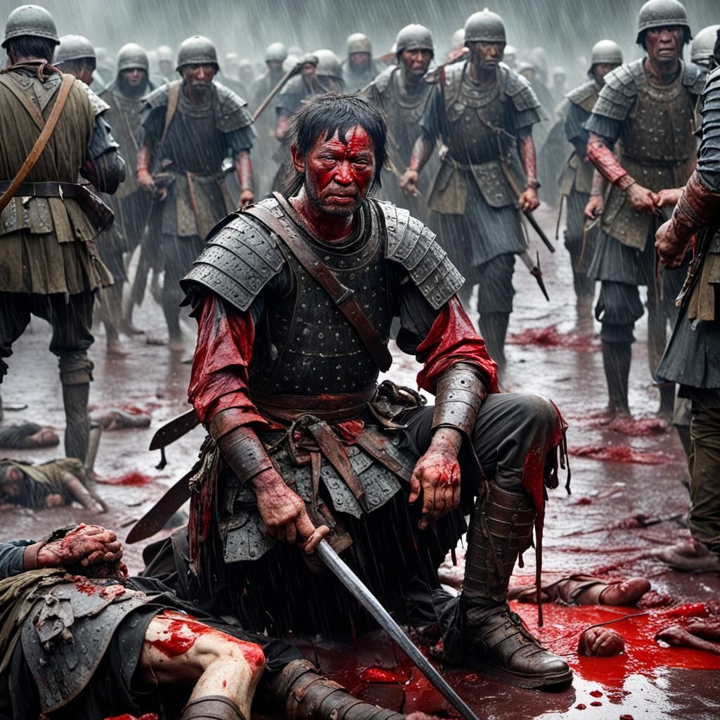 Wounded Warrior in Rain After Battle