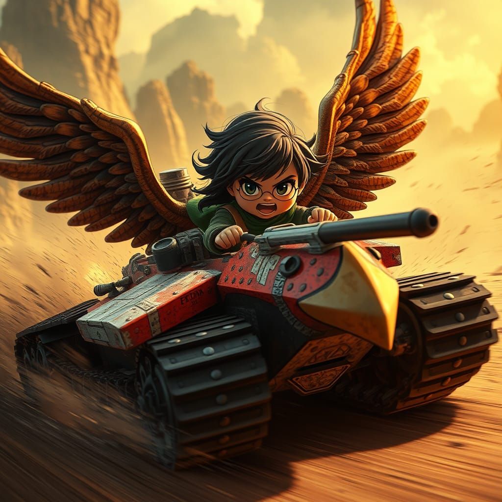 Chibi Harry Potter Races Phoenix Tank in Mad Max Style
