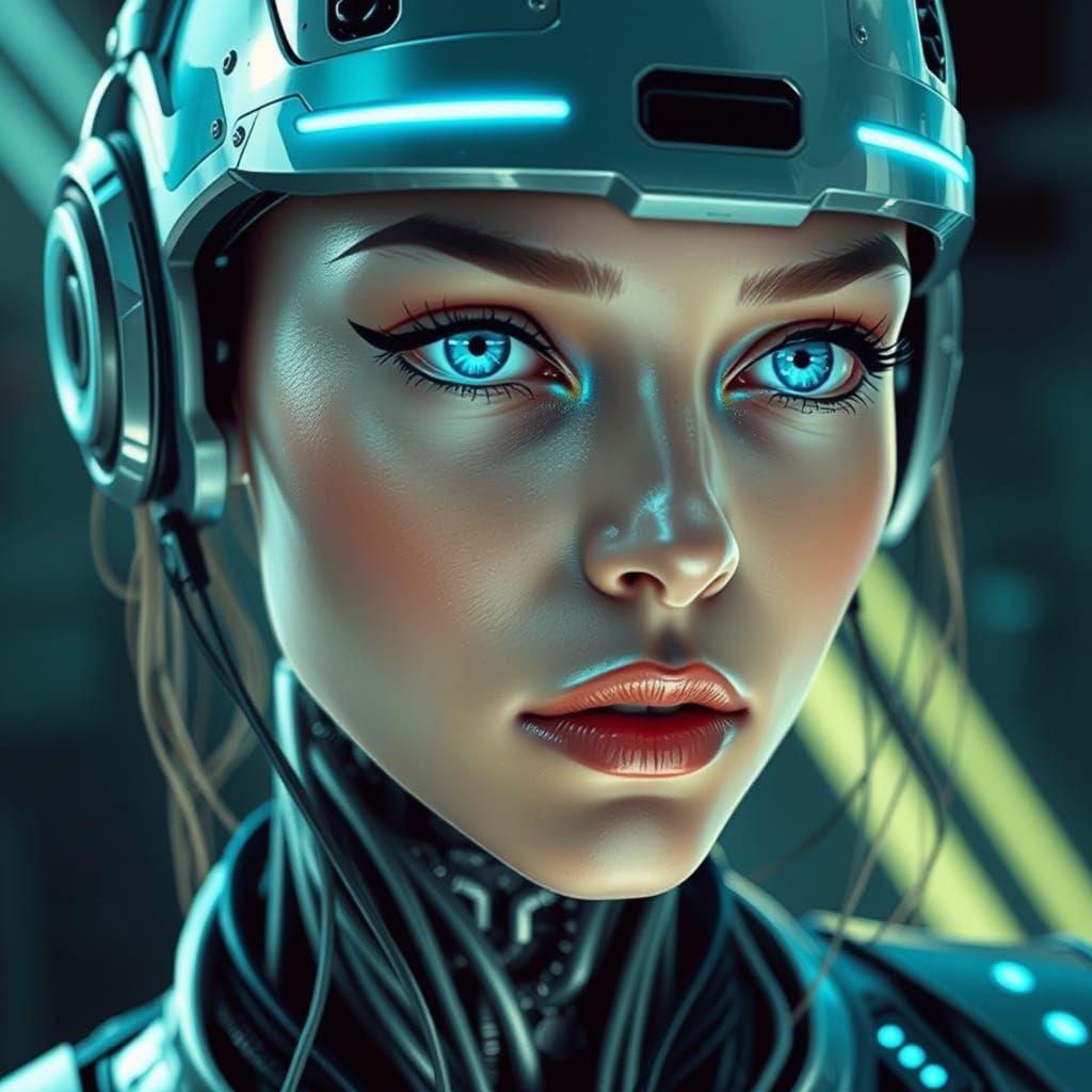 Cyborg Woman Connects with Digital Realm