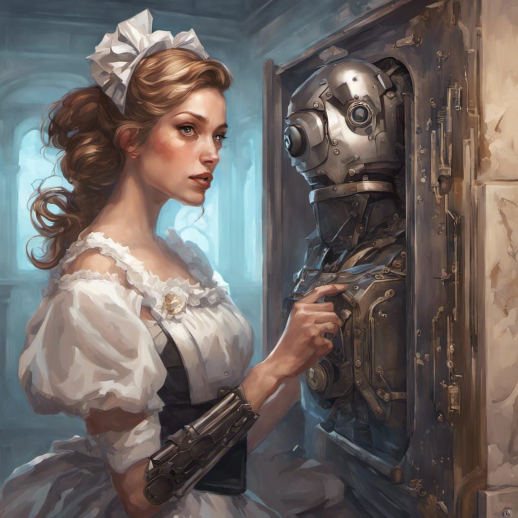 Robot Maid Opening Safe: Hyperdetailed Concept Art