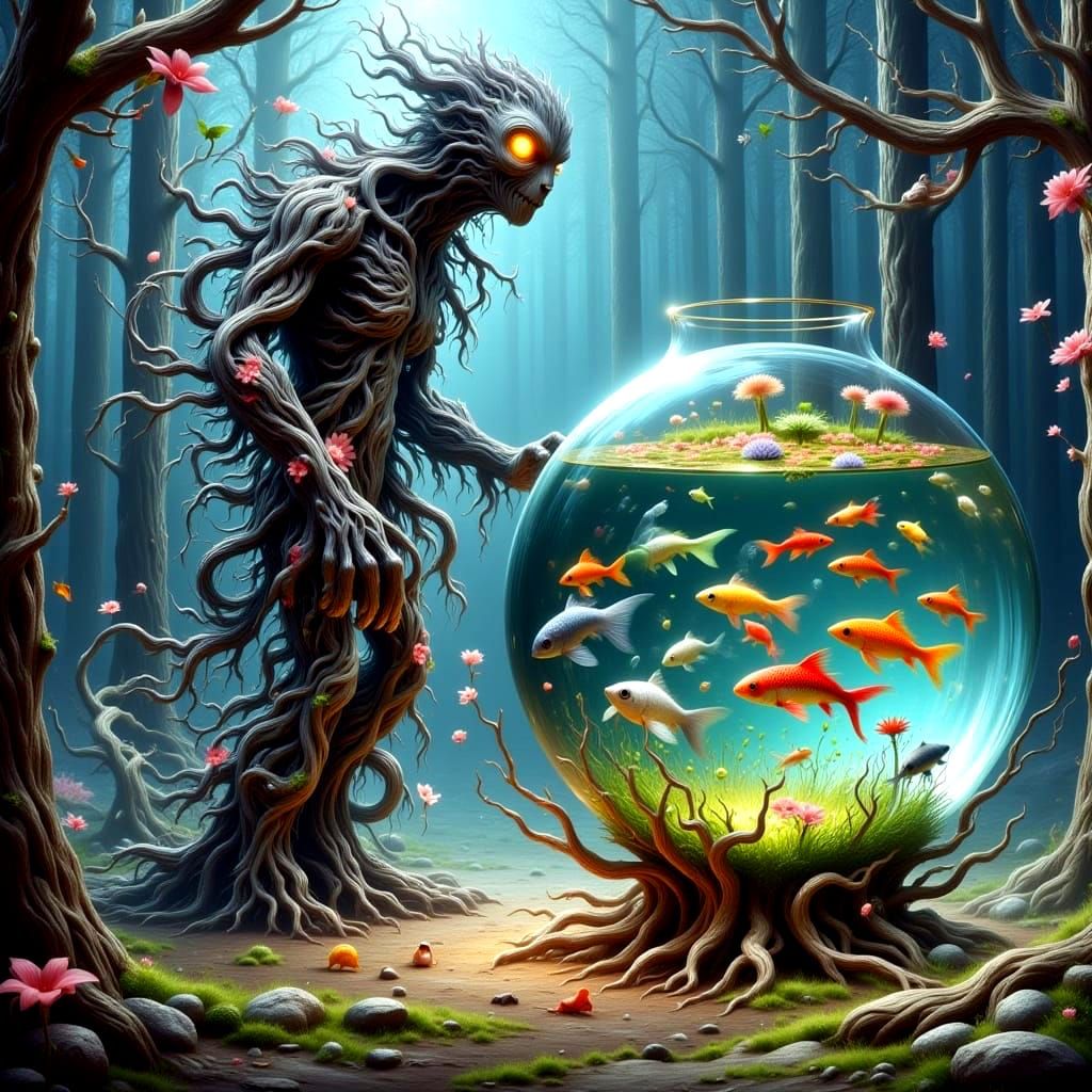 Mystical Tree Creature with Fishbowl in Forest