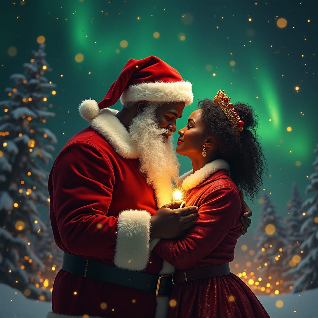 African American Mr. and Mrs. Claus in Vibrant Aurora Boreal...