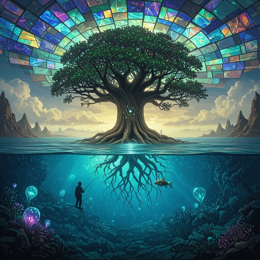 Surreal Tree Roots Descend into Subterranean Ocean with Fish...