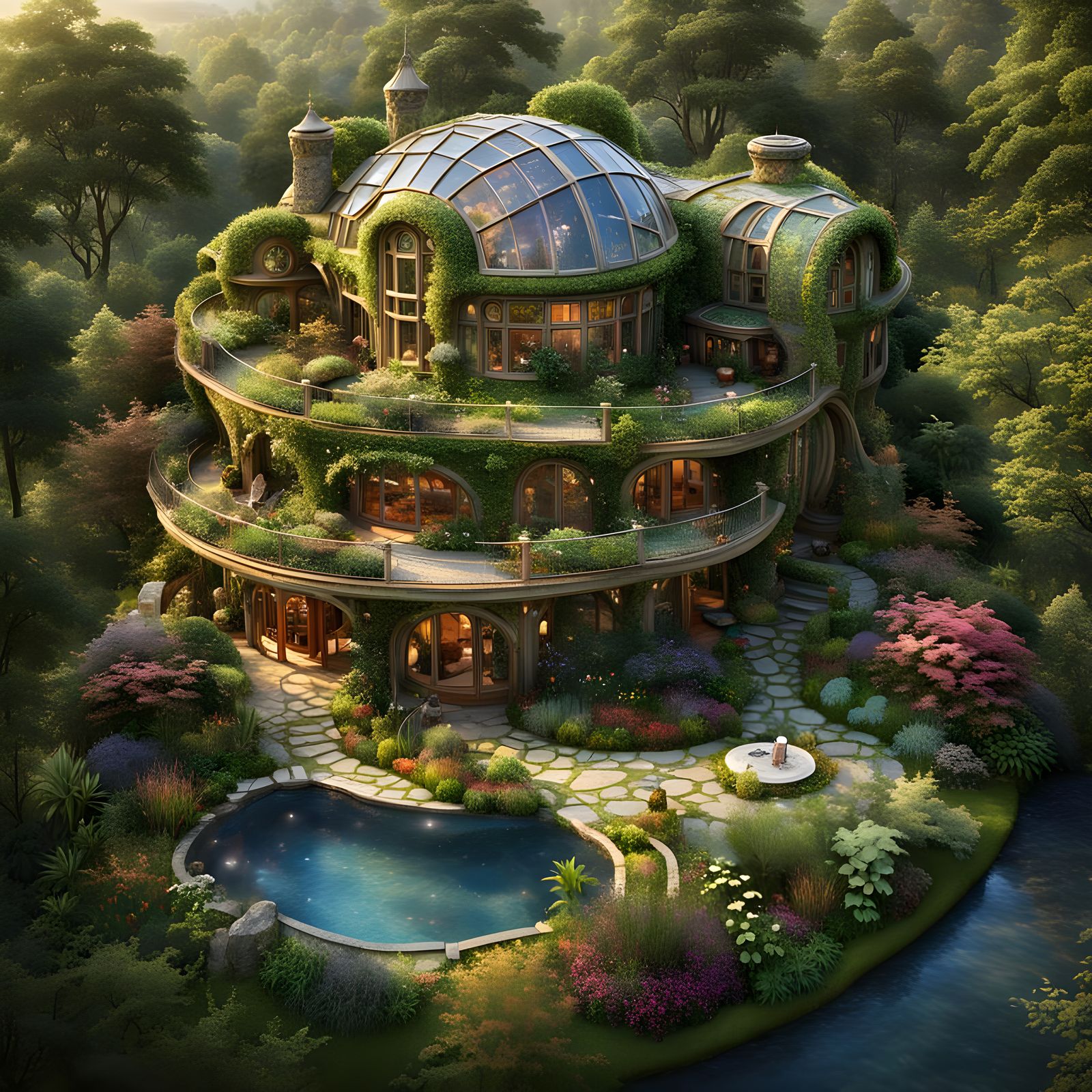 Eco-Friendly House in Permaculture Garden: Top View