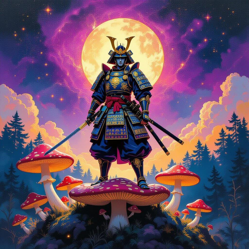 Celestial Samurai in Ethereal Mushroom Forest