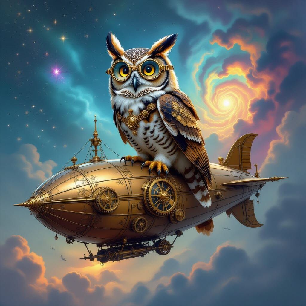 Steampunk Owl on Victorian Airship Amidst Nebula