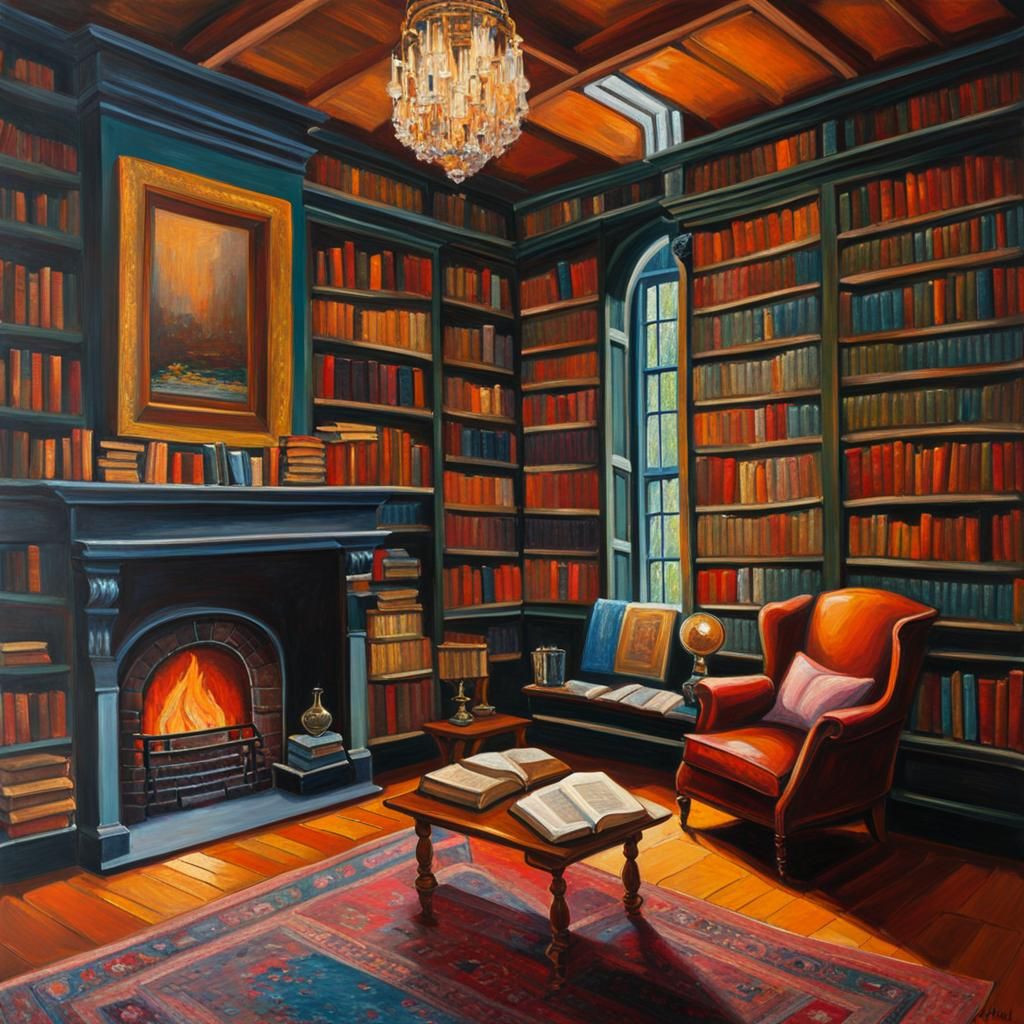 Cozy Library Interior with Fireplace in Expressionist Style