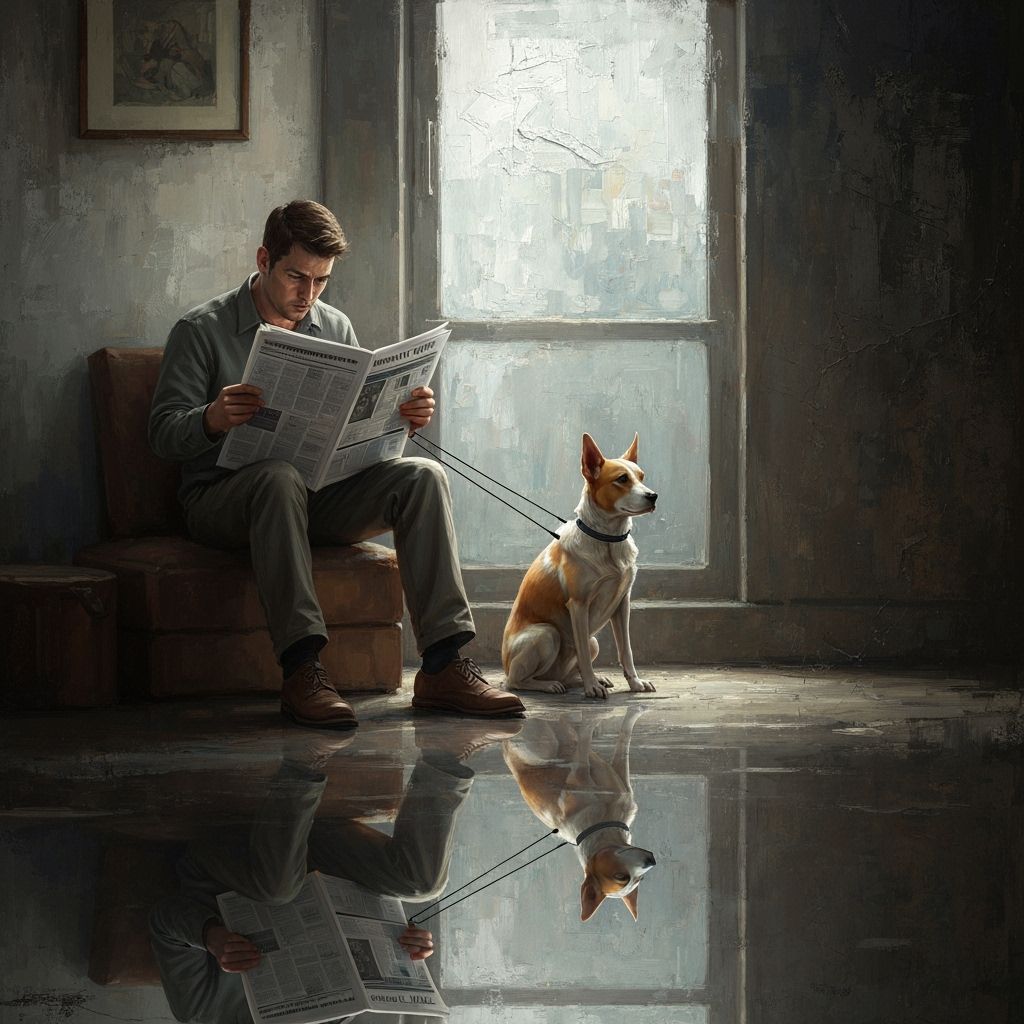 Man Reading Newspaper with Dog, Oil Painting