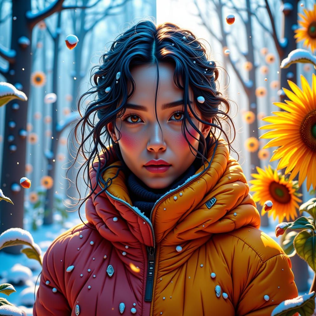 Split Portrait: Winter Frost Meets Summer Sunflowers