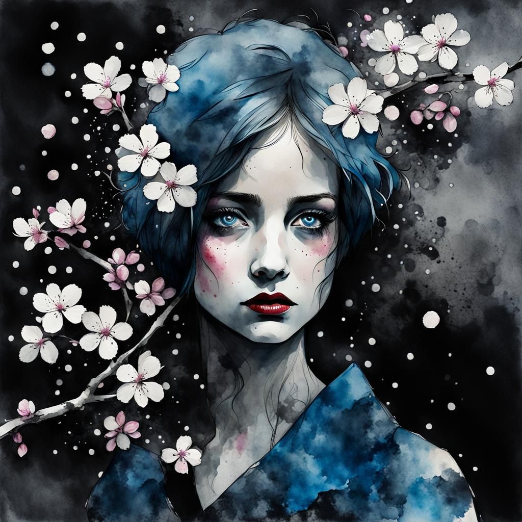 Melancholic Blue-Eyed Woman with Cherry Blossoms