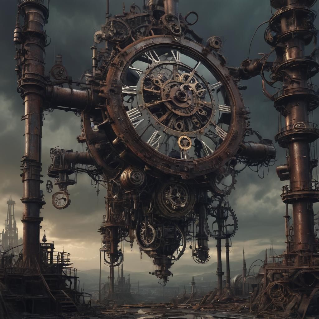 A giant steampunk clock in a dystopian world