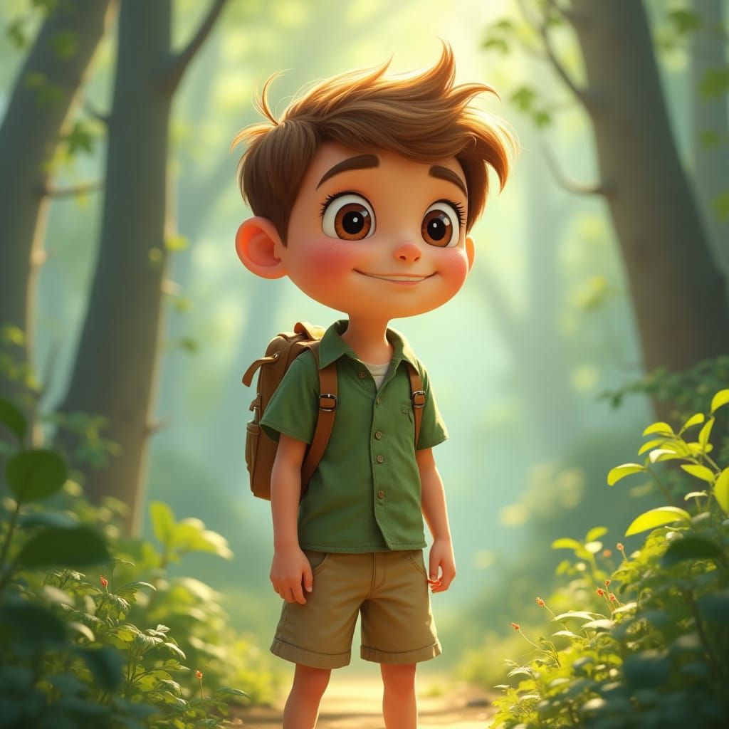 Young Noah in Pastel Forest, Pixar-Style Illustration