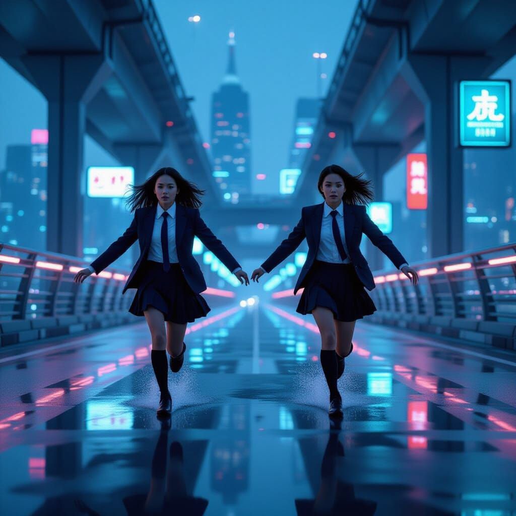 Mirrored Girls Running in Glitchcore Neon Futurism Style
