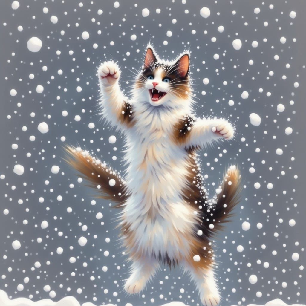 Excited Cat Dances in Snowy Gouache Landscape