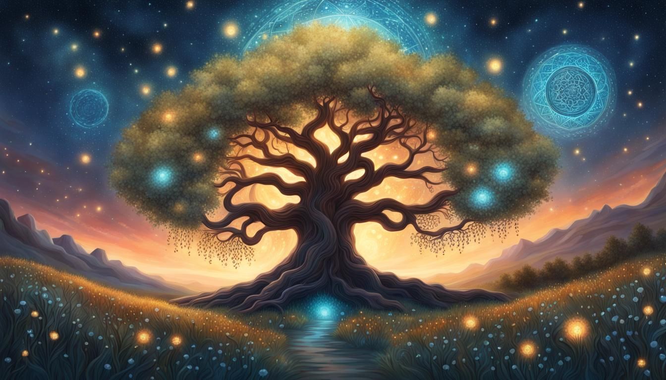 Magical Yggdrasil Tree in Moonlit Flower Field
