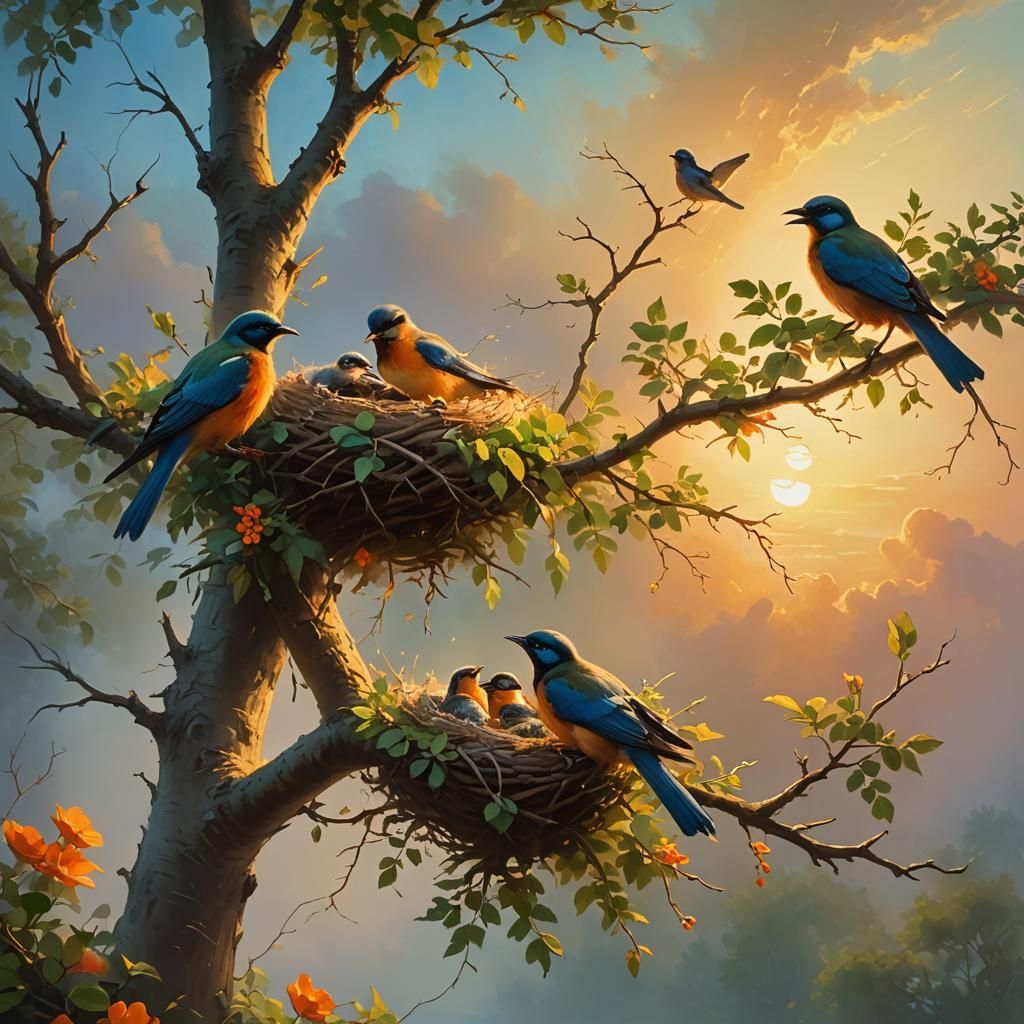 Birds Nest Sunset: Oil Painting Style