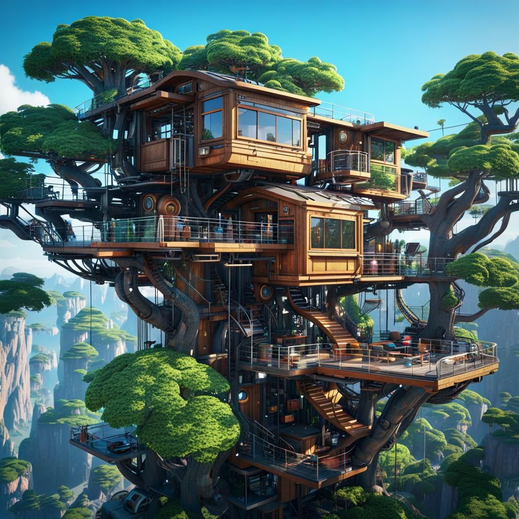 view of a tree house full of cutting-edge technological devi...