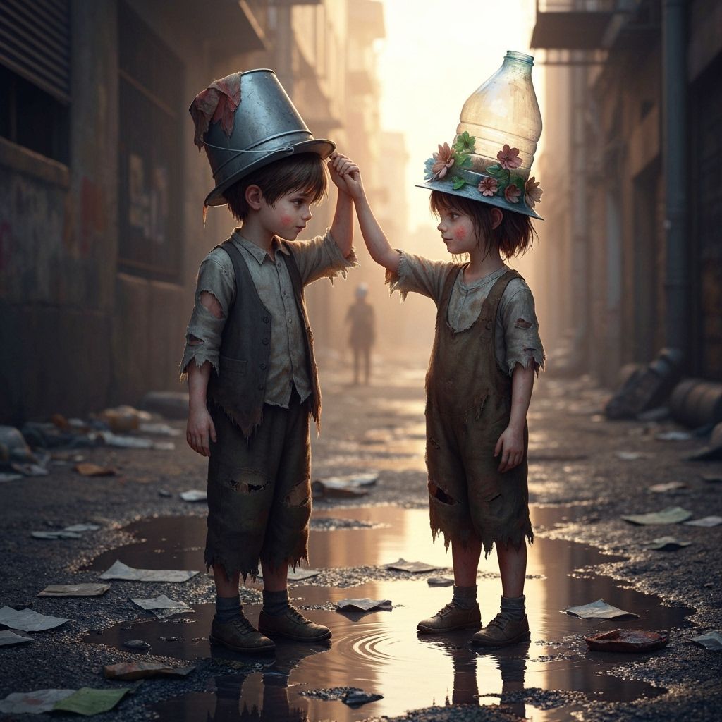 Orphan Children Pretend Play in Urban Alley