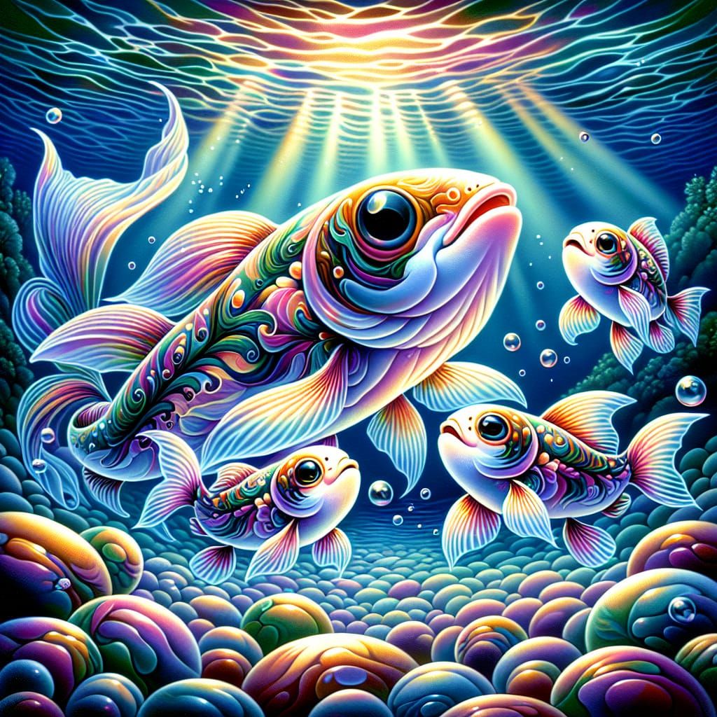 Colorful Aquatic Scene of Fish Family in Airbrush Style
