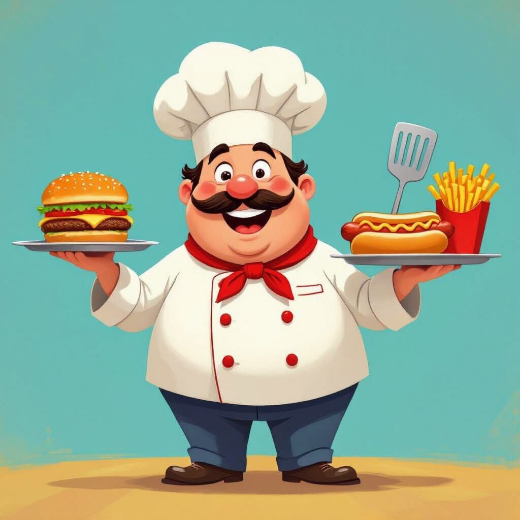 Jolly Cartoon Chef Holding Fast Food Tray