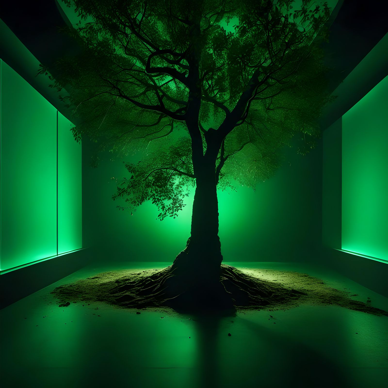 Green Lit Silhouette of Tree Growing Indoors