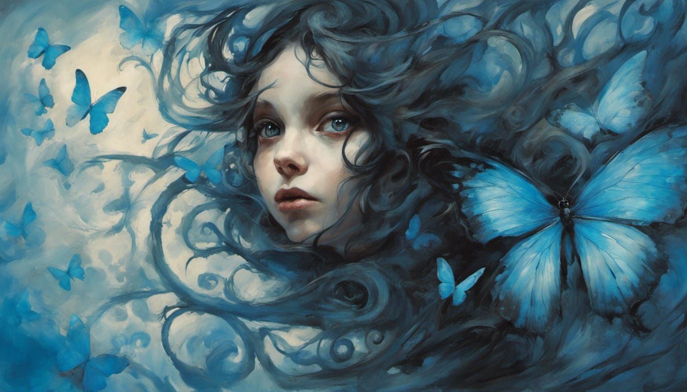 Dreamy Eyes with Blue Butterflies in Fantasy Art Style