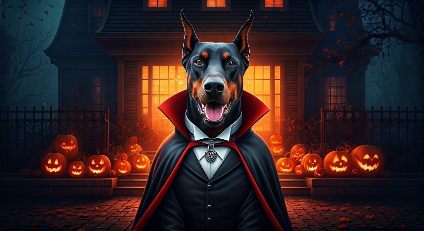 Doberman as Dracula in Halloween Spectacle