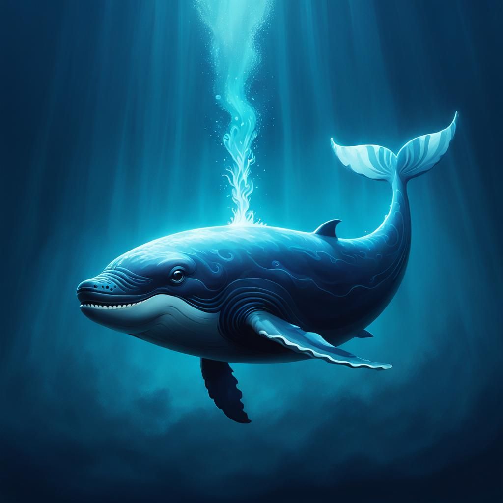 Monochromatic Blue Whale Painting in Luminist Style
