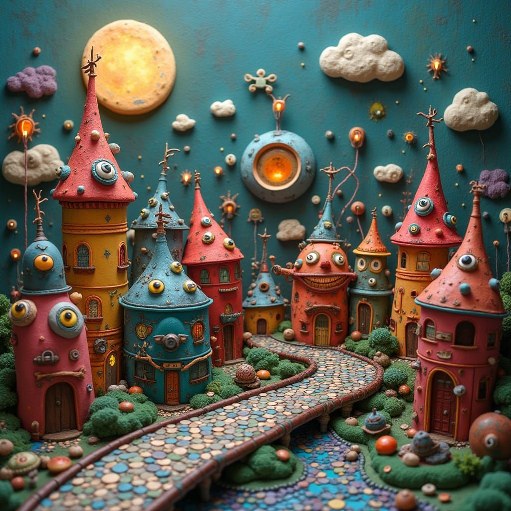 Whimsical Claymation Cityscape with Glowing Animal Buildings