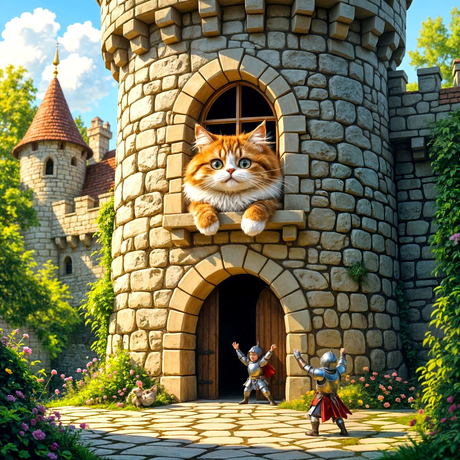 Giant Cat Hides in Medieval Castle in Fairy Tale Style