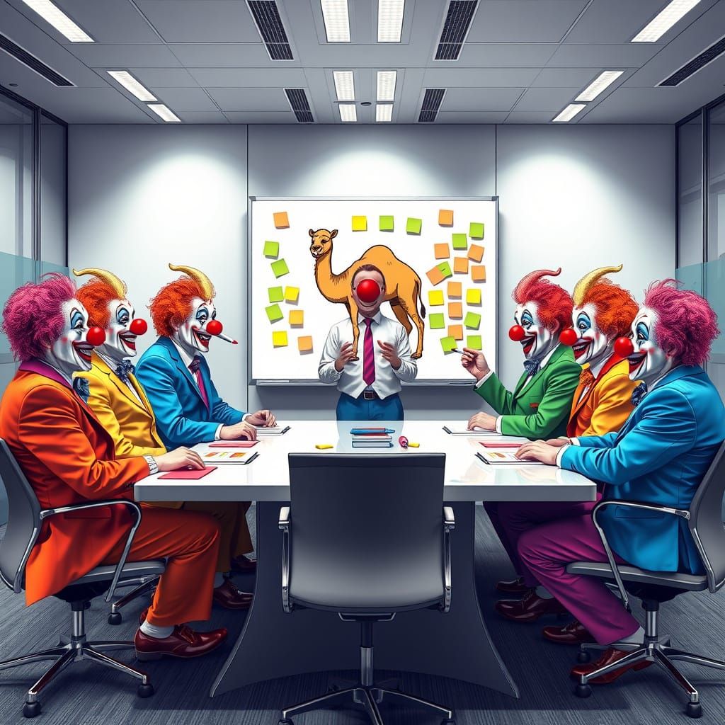 Corporate Clowns Draw Whimsical Camel Motivational Poster