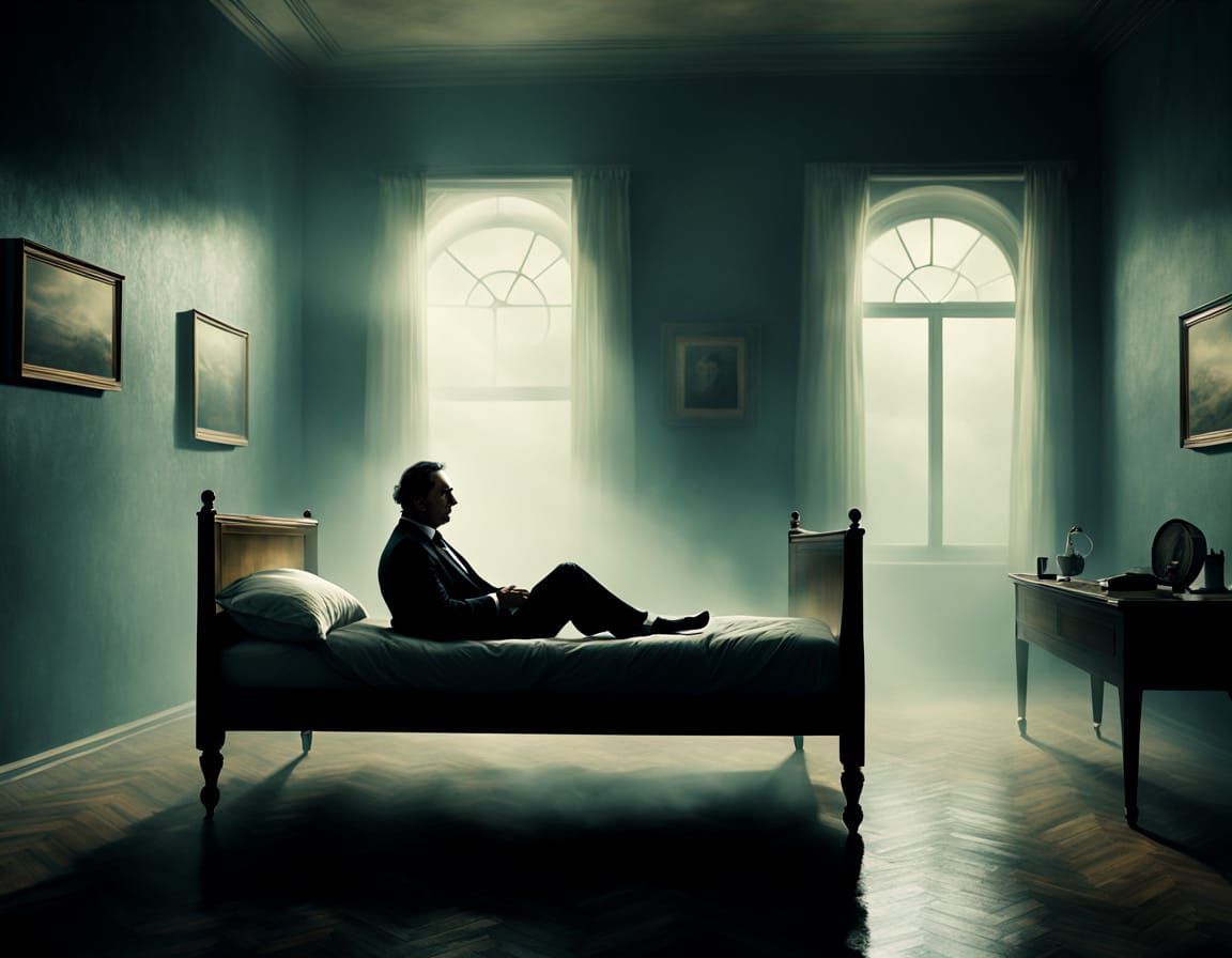 Surreal Floating Figure in Dreamlike Room