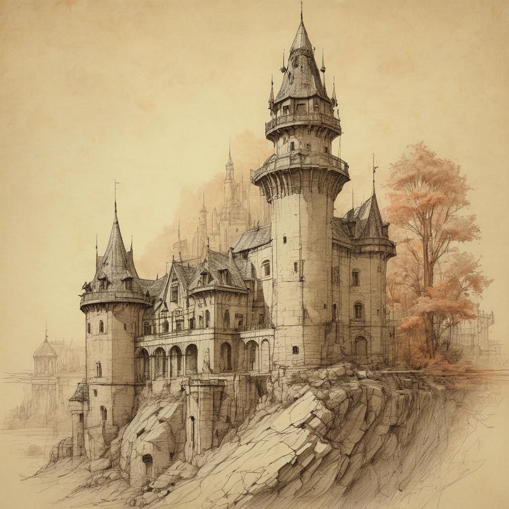 Castle Sketch in Doodle Style on Old Paper