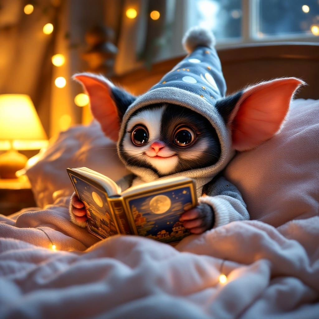 Whimsical Mogwai Reading Nocturne in Cozy Bedtime Scene