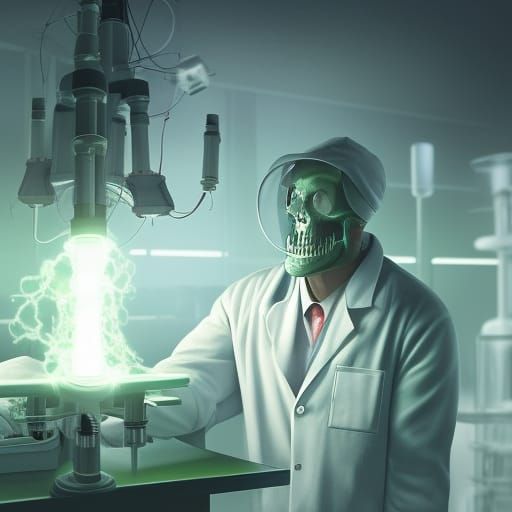 Grinning Skeleton Scientist in Laboratory